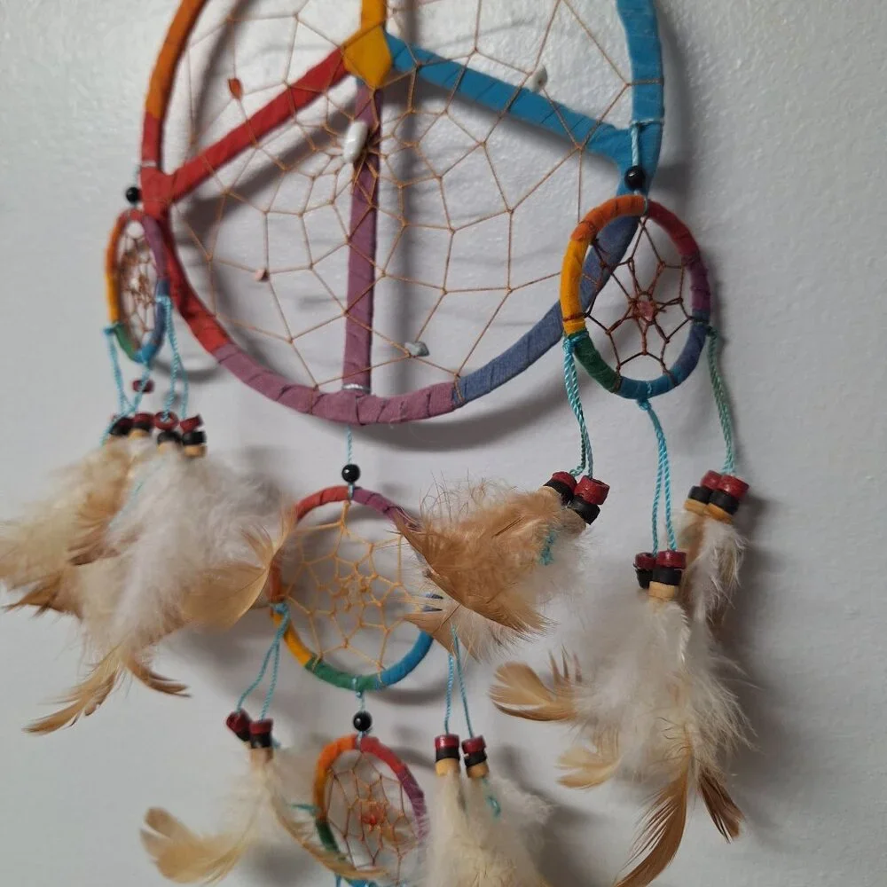 Peace Sign Rainbow Dreamcatcher Feathers Beads Handmade Boho Native Traditions‎